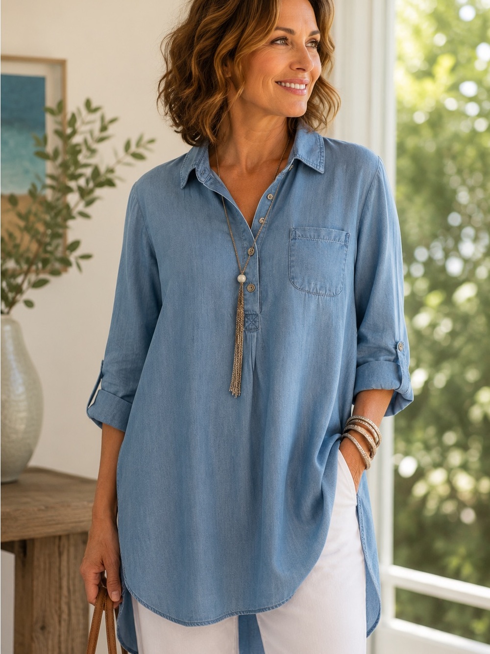 100% Tencel Chambray Denim Shirt Dress Roll Tab High Low Boho Size 14